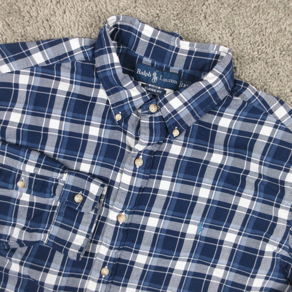 Polo Ralph Lauren Shirt Mens XL Blue Plaid Twill Flannel Classic Fit Button Up